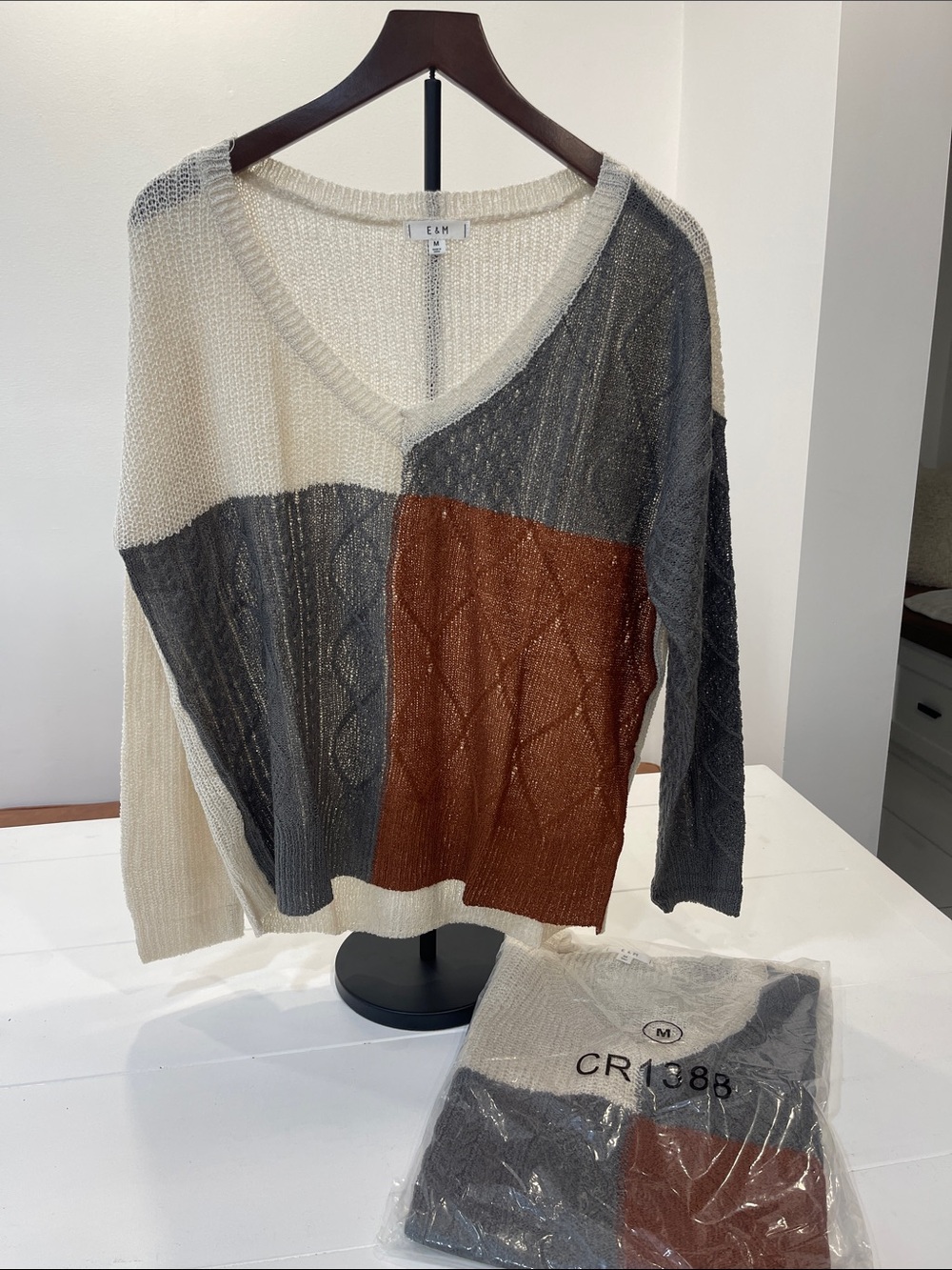 E&H Colorblock V-Neck Sweater in Cream, Gray & Brown (2-Pack)